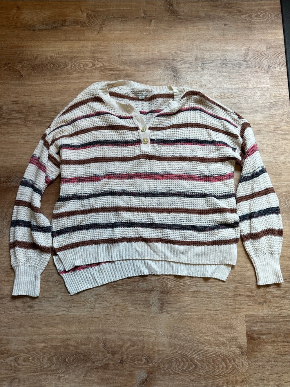 American Eagle Cream Striped Knit Henley Sweater - Women